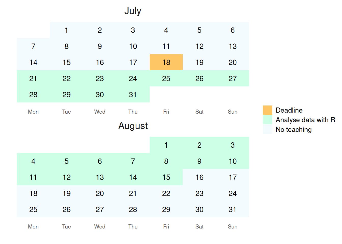 A calendar showing the course dates
