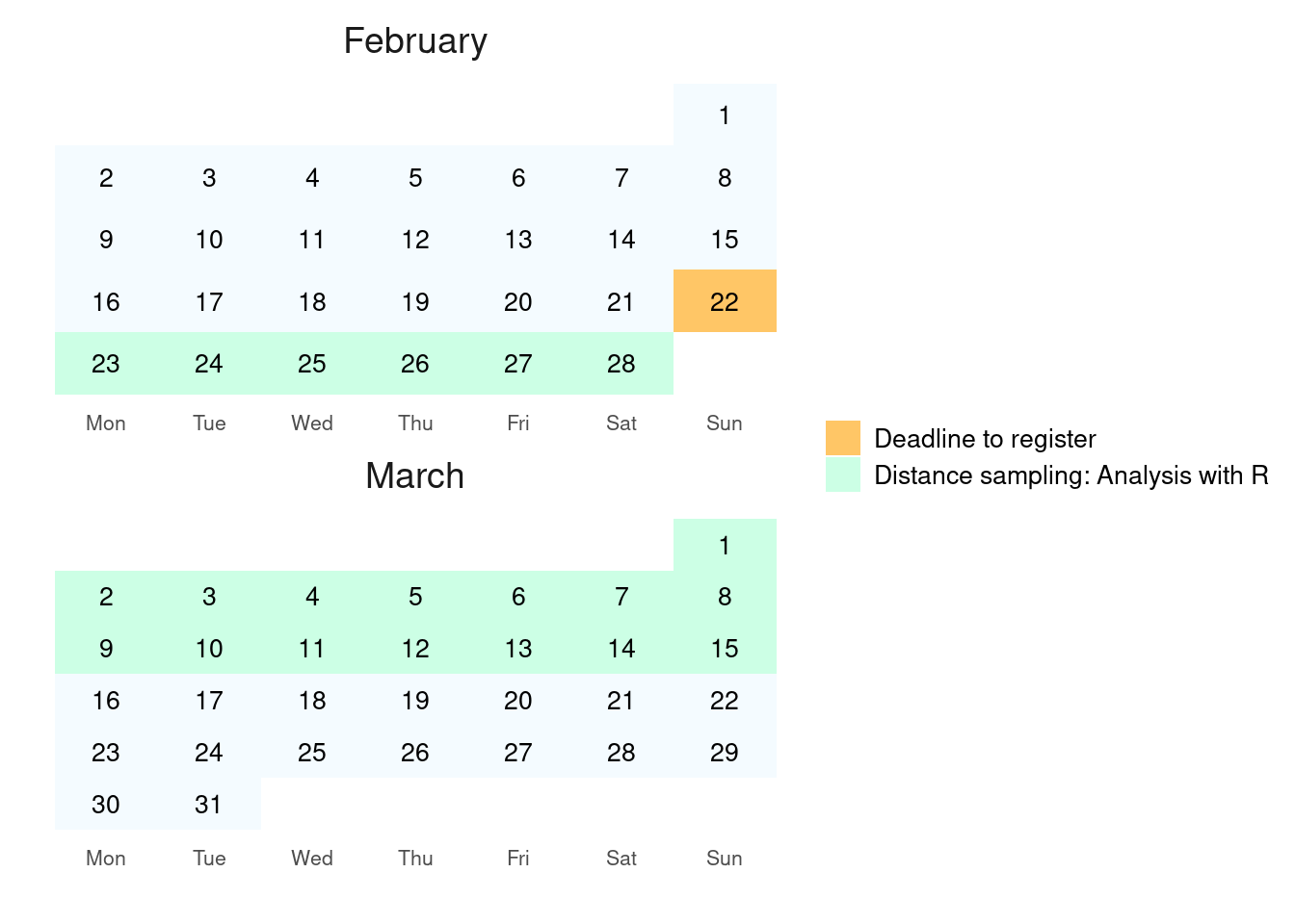 A calendar showing the course dates