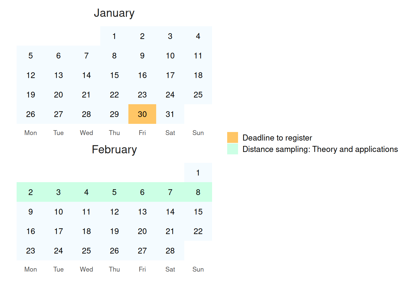 A calendar showing the course dates