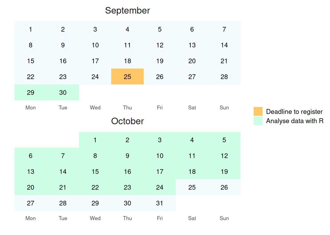 A calendar showing the course dates