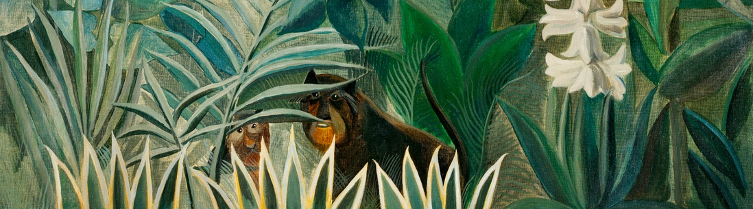 Section of a painting with two monkeys peering through foliage